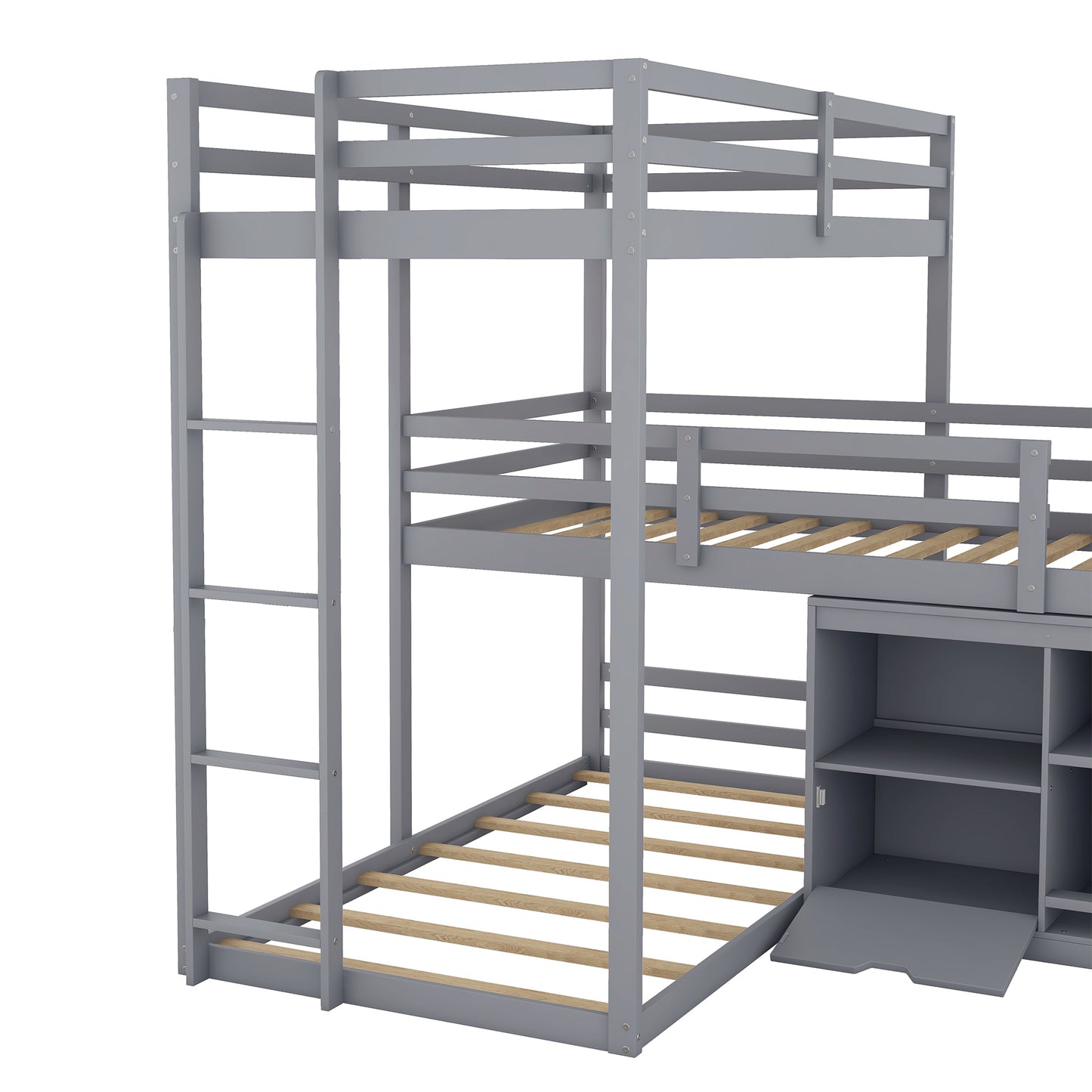 Gray L-shaped Triple Bunk Bed with Storage and Blackboard