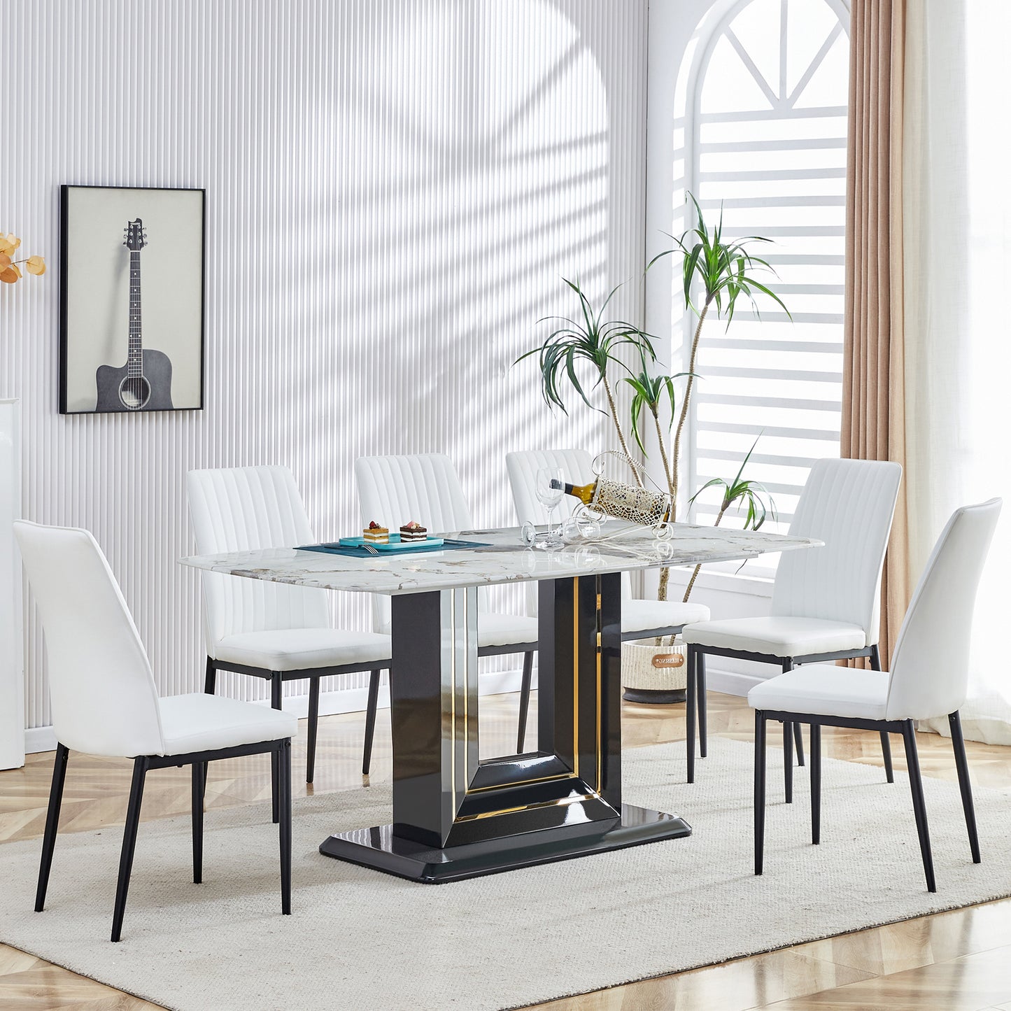 7-Piece Faux Marble Dining Table Set, Glass Rectangular Kitchen Table for 6-8, Modern White Faux Marble Dining Room Table with MDF Base, Dining Table & 6 Chairs