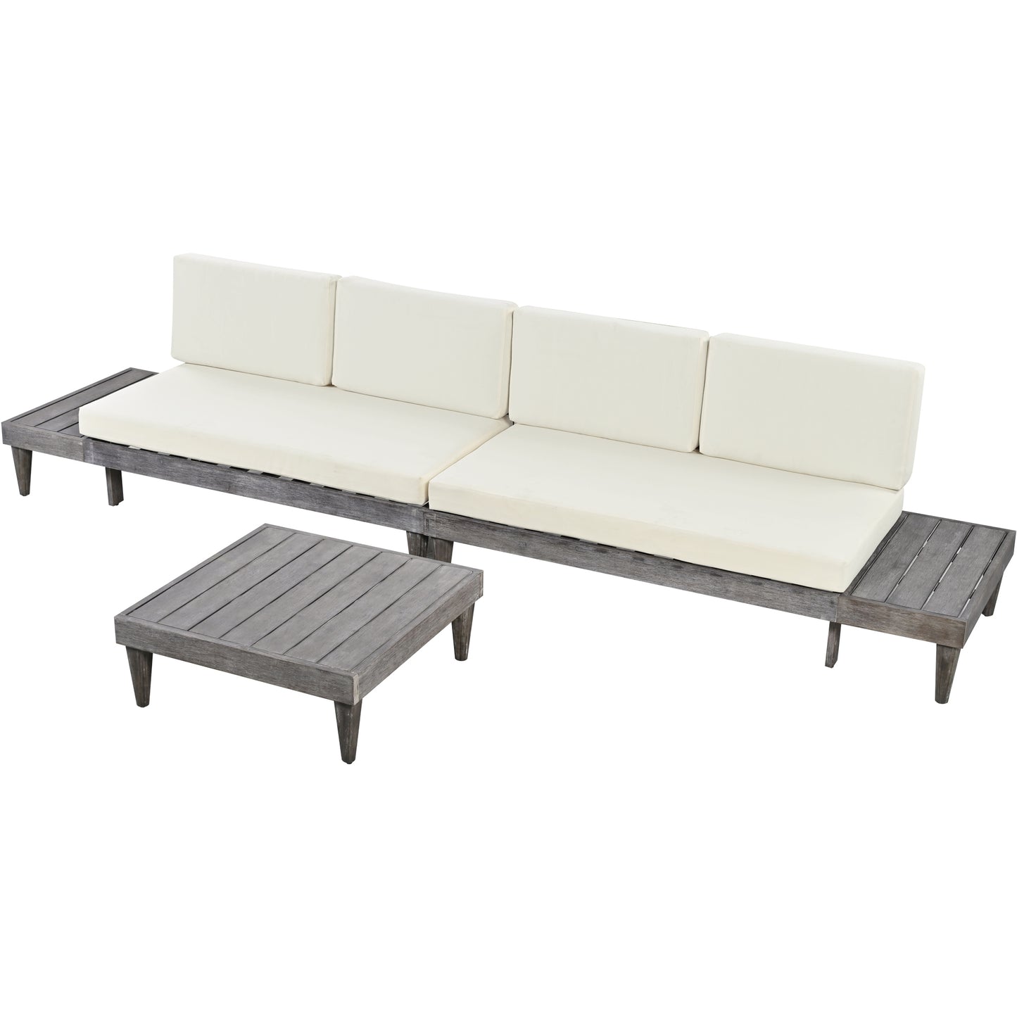 3-Piece Acacia Wood Patio Furniture Set with Conversation Sectional Sofa and Side Tables, Grey+Beige