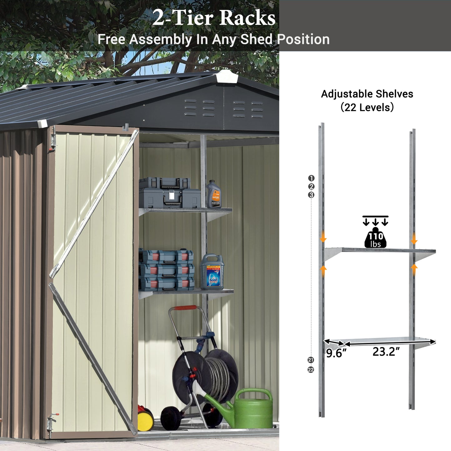 Patio 8ft x6ft Bike Shed Garden Shed, Metal Storage Shed with Adjustable Shelf and Lockable Doors, Tool Cabinet with Vents and Foundation Frame for Backyard, Lawn, Garden, Brown