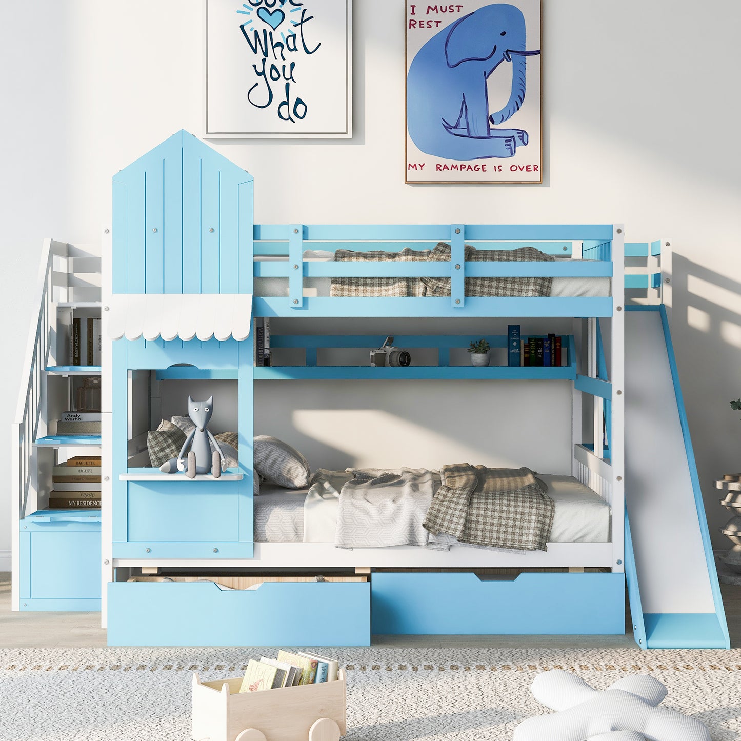 Blue Castle-Themed Full Bunk Bed with Slide, Storage, and Whimsical Charm