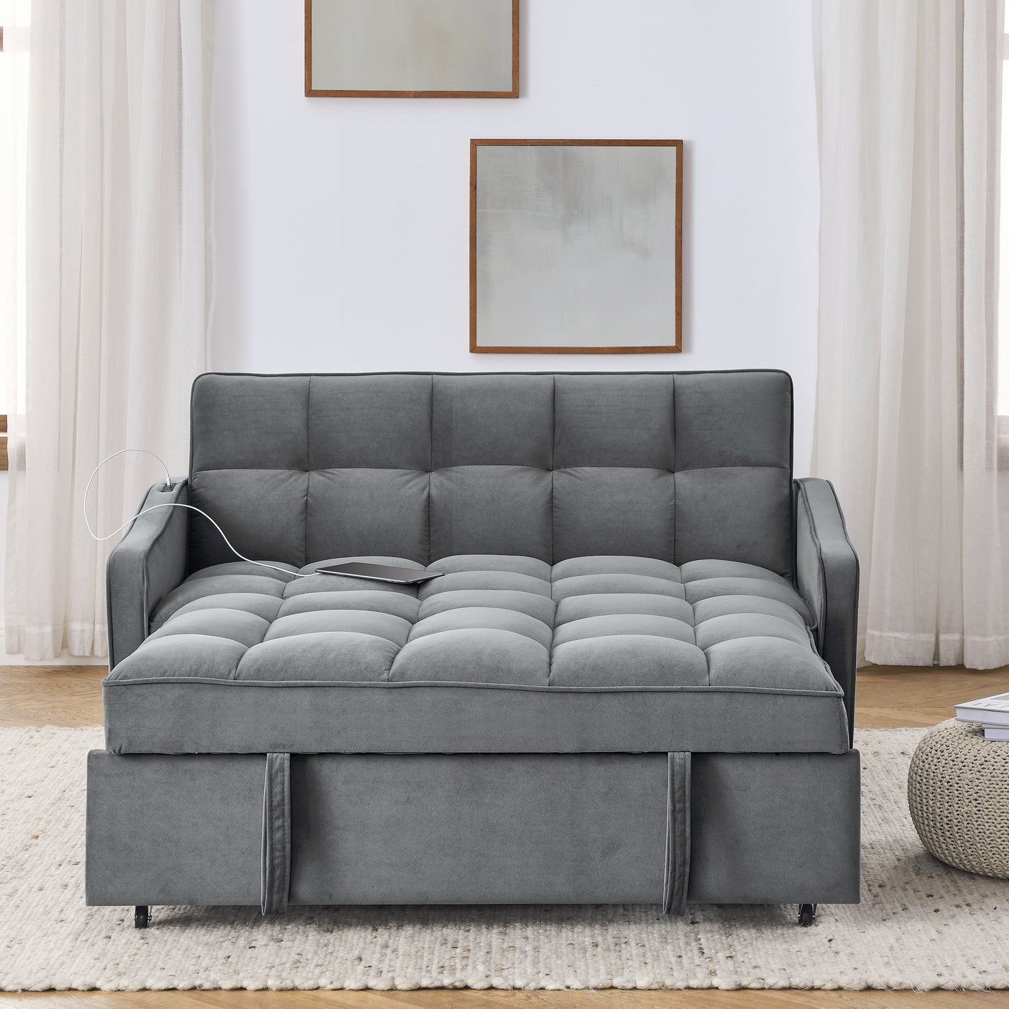 Loveseats Sofa Bed with Pull-out Bed,Adjsutable Back and Two Arm Pocket,TypeC and USB Charging with Copper nail,Grey (47"x53"x31")