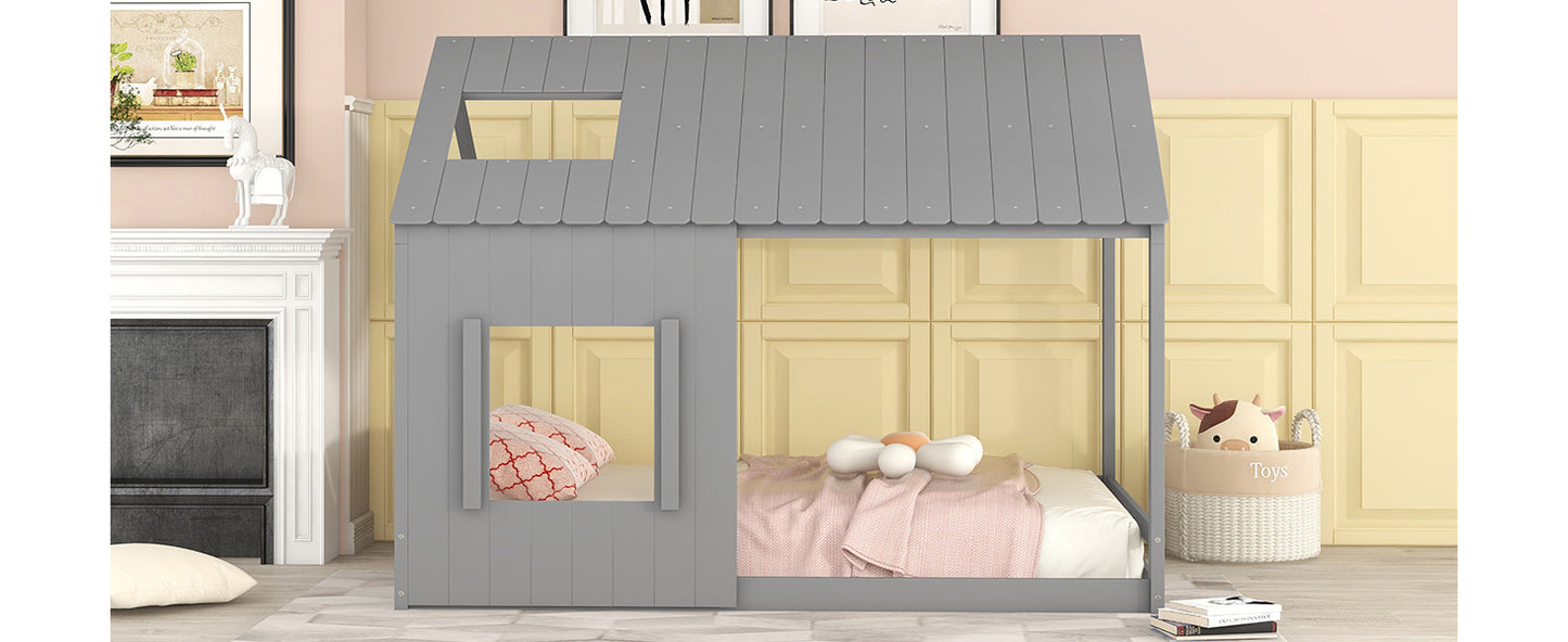 Full Size House Bed with Roof and Window - Gray