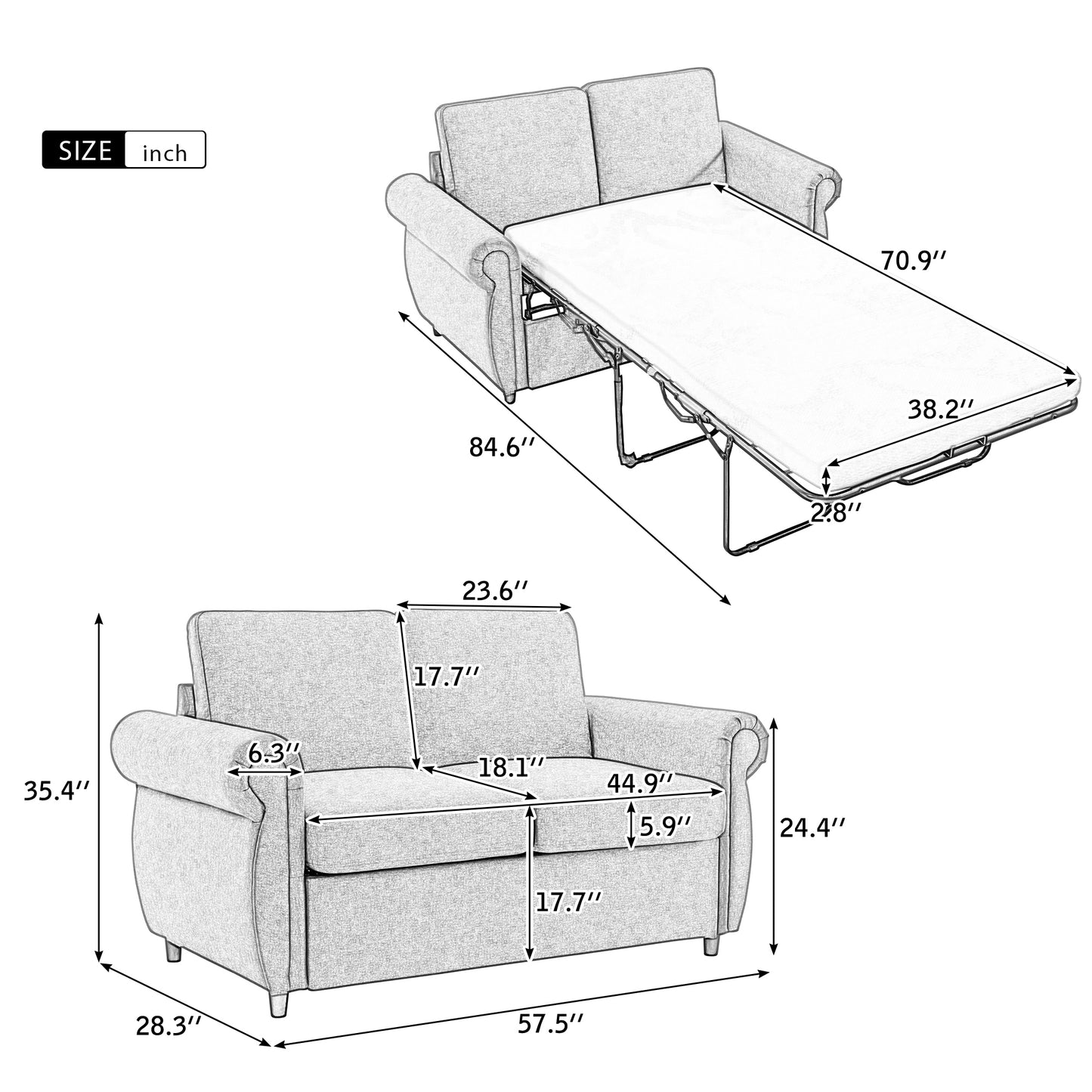 57.5 Orisfur Gray Loveseat Sleeper Sofa Bed with Memory Foam Mattress for Living Room Spaces