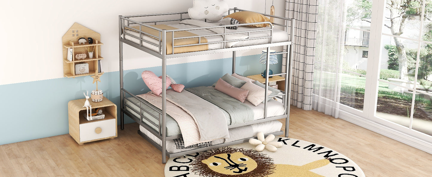 Silver Metal Full Over Full Bunk Bed Set with Trundle