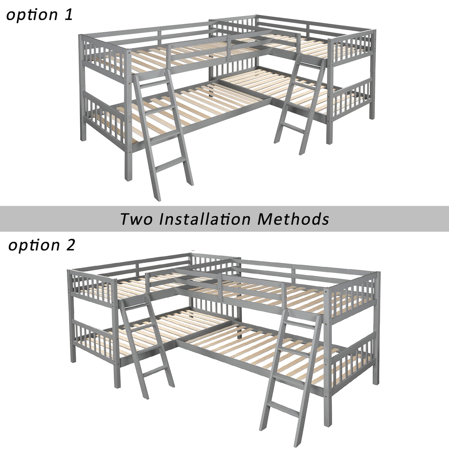 L-Shaped Twin-Size Gray Bunk Bed with Versatile Design