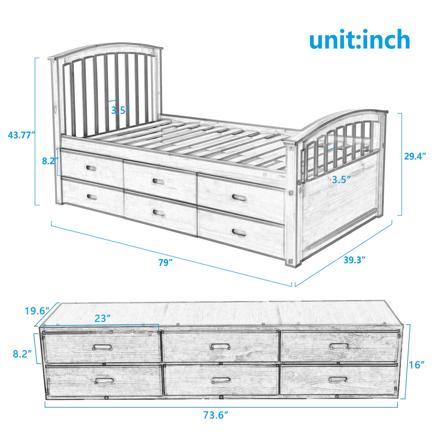 Twin Size Platform Storage Bed Solid Wood Bed with 6 Drawers