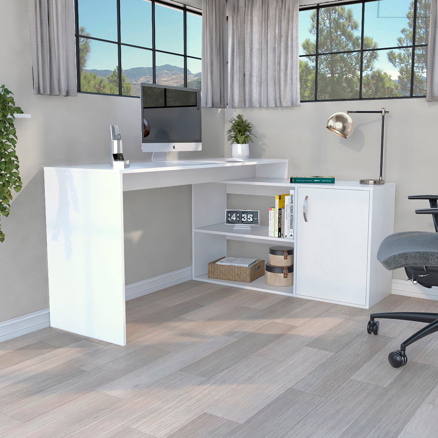 White Office Desk with Shelves and Cabinet