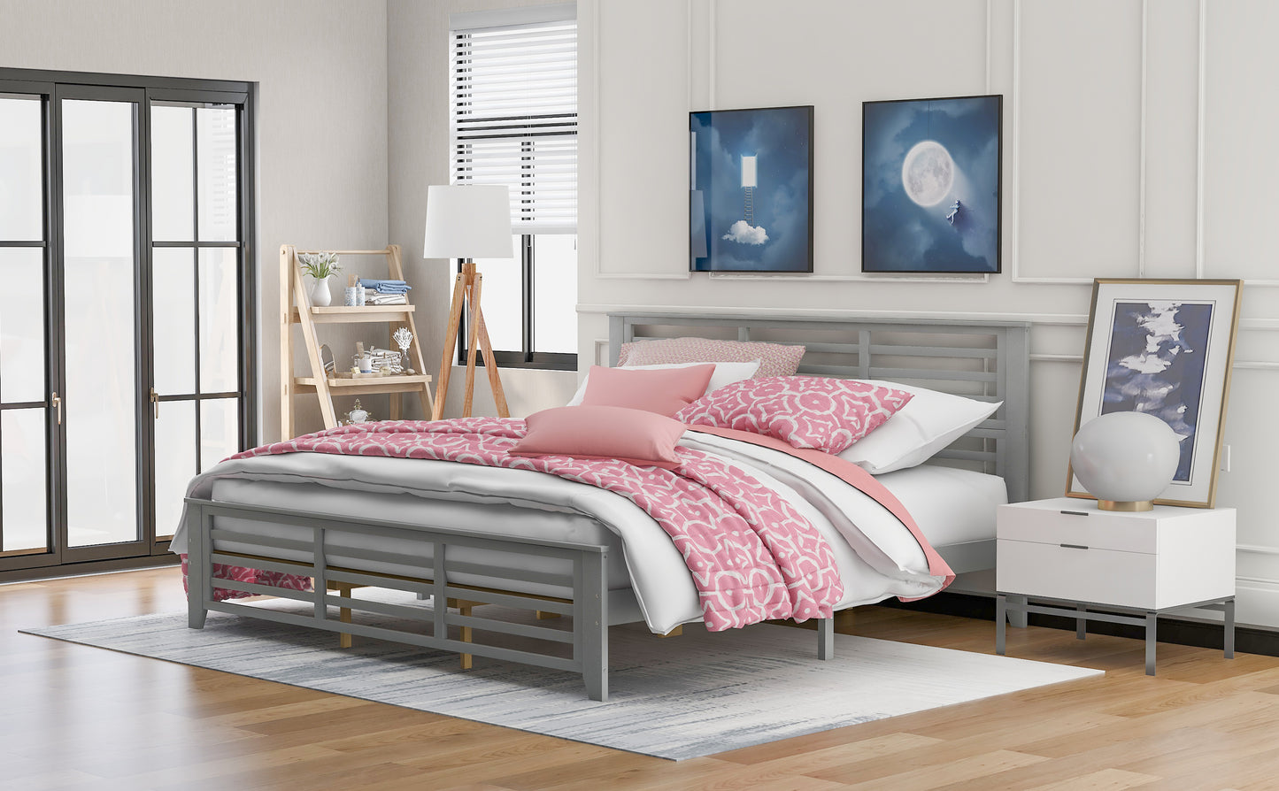 Platform bed with horizontal strip hollow shape, King size, gray