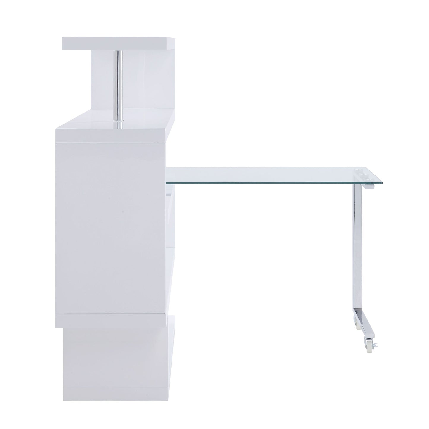 Sleek Clear Glass Writing Desk with Curved Shelf and White & Chrome Finish