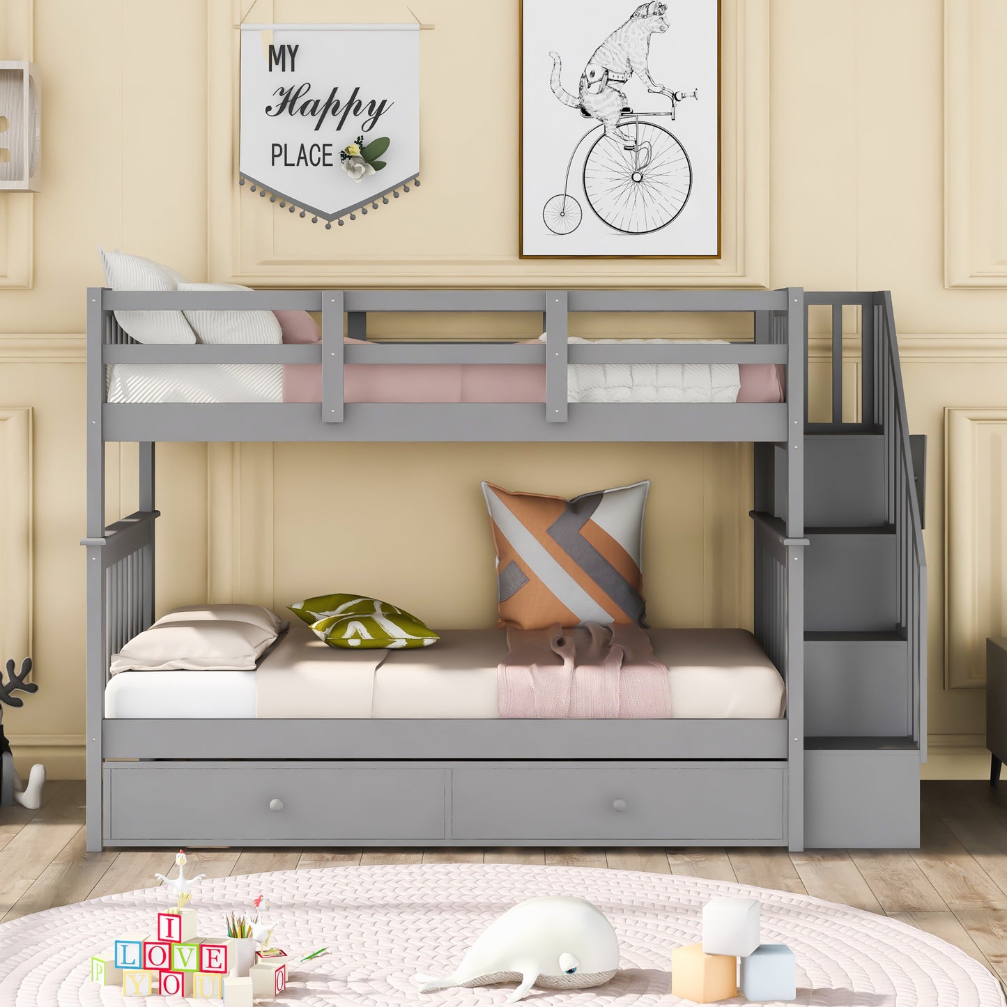 Stairway Twin Bunk Bed with Trundle and Storage in Gray Wood for Bedroom, Dorm or Adults