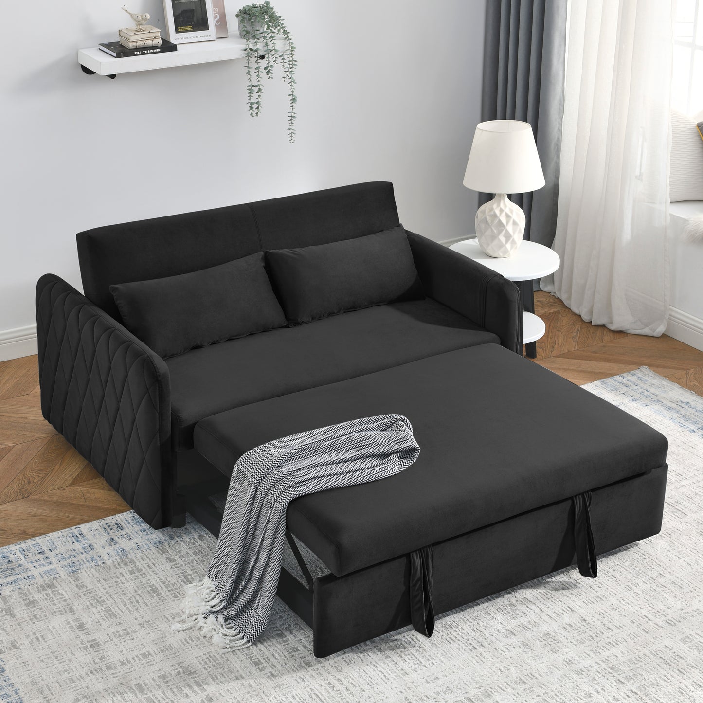 55 Modern Velvet Convertible Sofa Bed with Adjustable Backrest and Detachable Arm Pockets