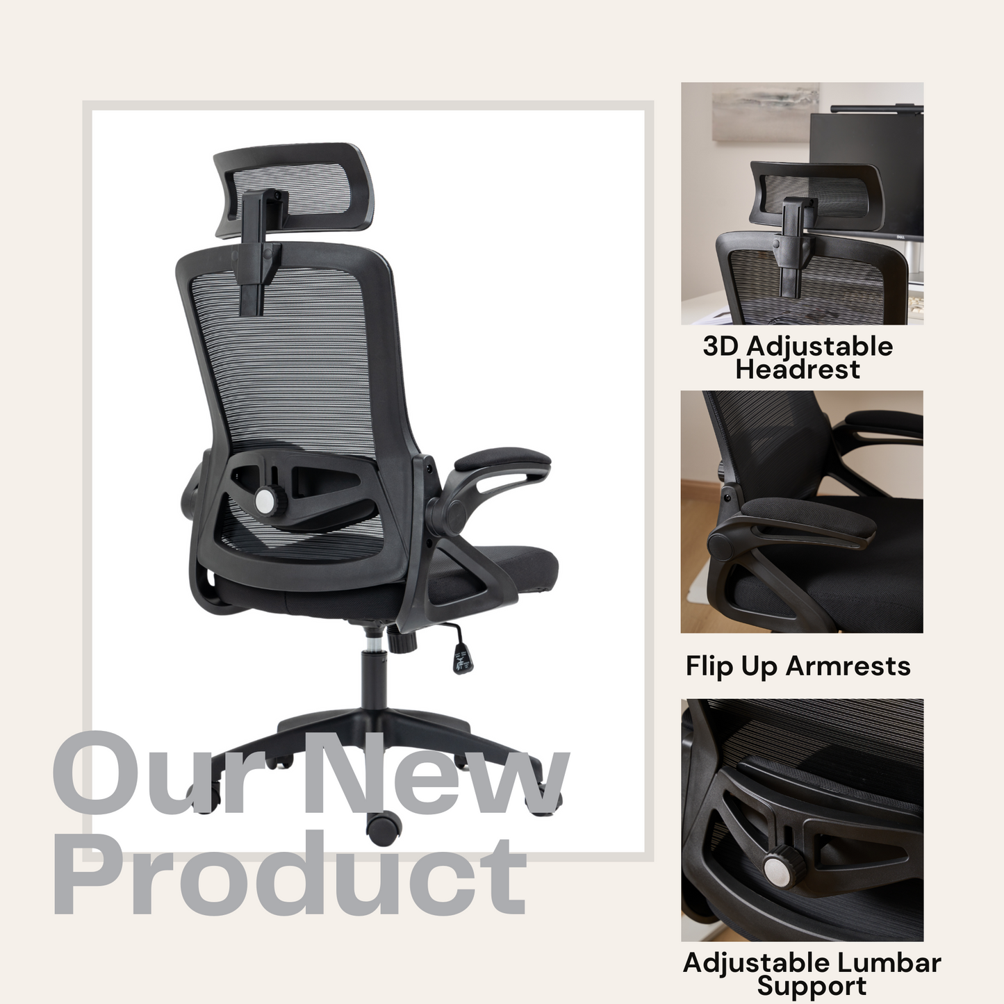 Ergonomic Office Desk Chair,Mesh High Back Computer Chair with Adjustable 3D Headrest & Lumbar Support & Flip-Up Arms Executive/Home/Study/Work Office Desk Chairs with Wheels