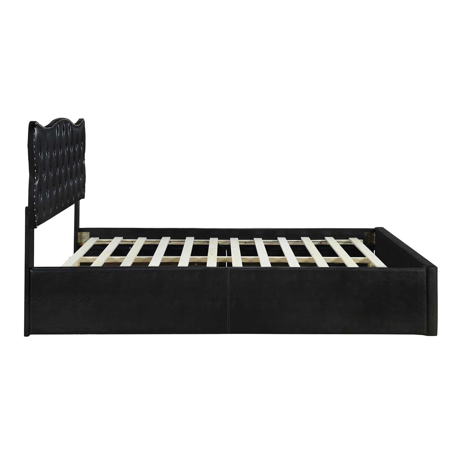 Queen Size Bed Frame with 4 Storage Drawers,Leather Upholstered Platform Heavy Duty Bed,Wood Slat Support,Black