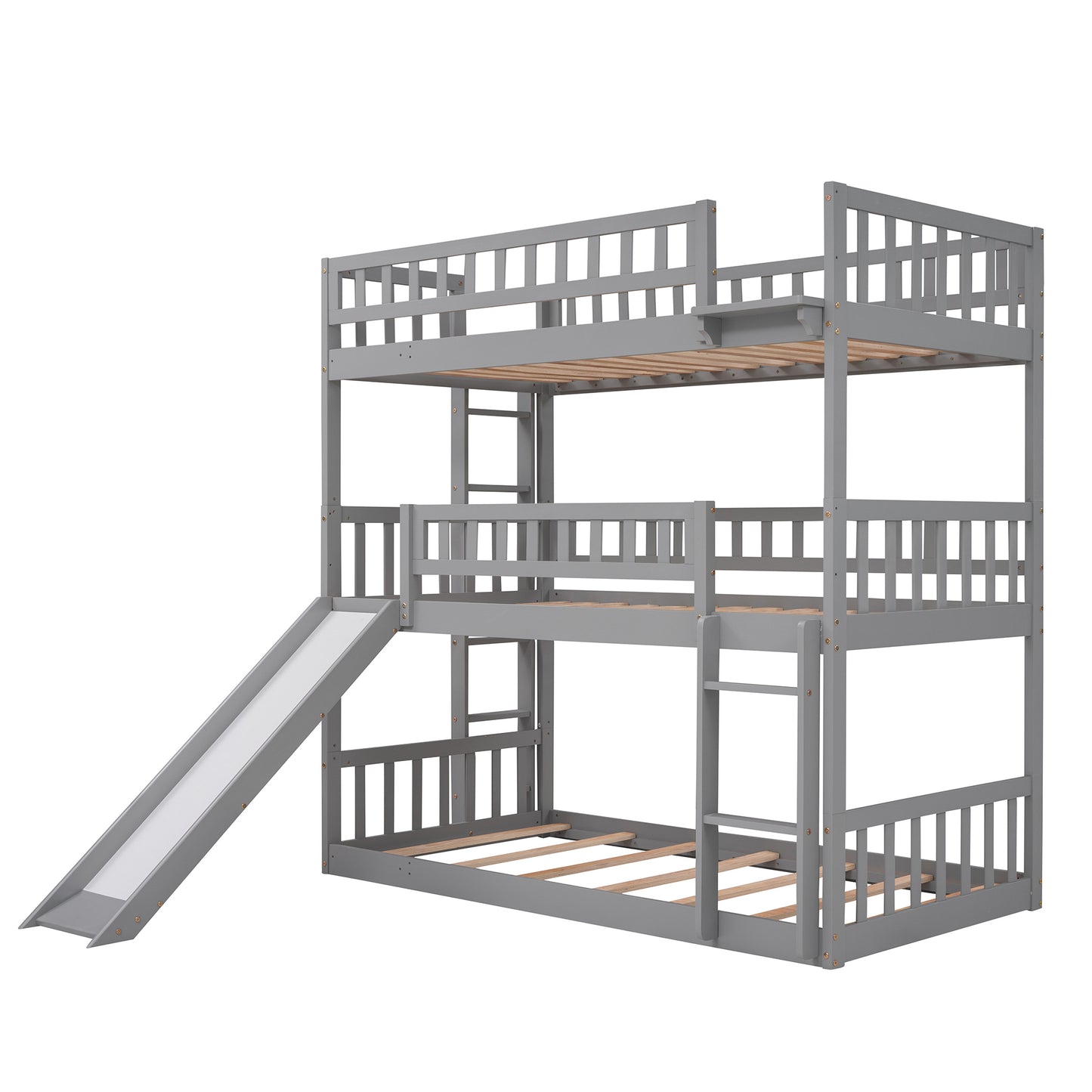 Triple Bed with Ladder, Slide, and Guardrails in Gray