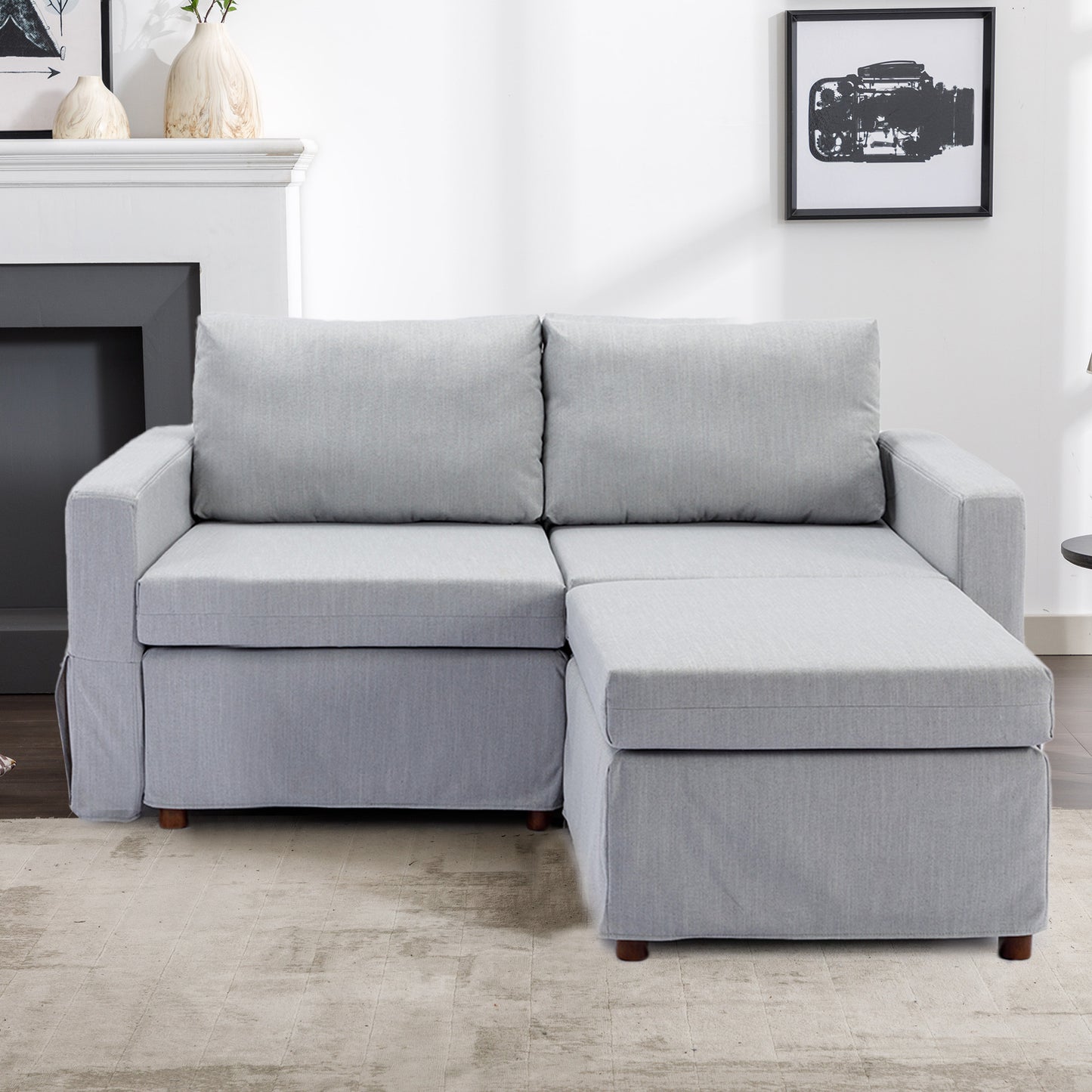 2-Seater Modular Sectional Sofa with Ottoman, Light Grey