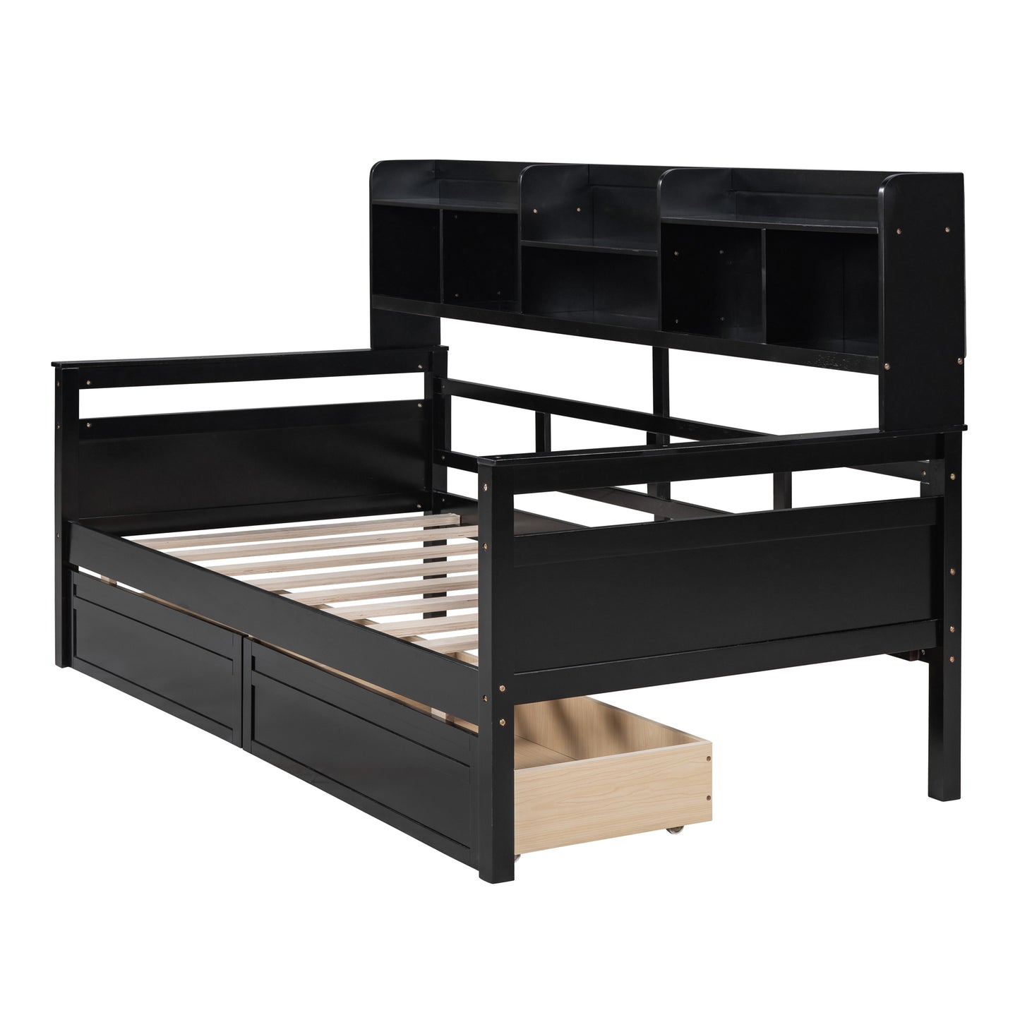 Twin size Daybed, Wood Slat Support, with Bedside Shelves and Two Drawers, Espresso