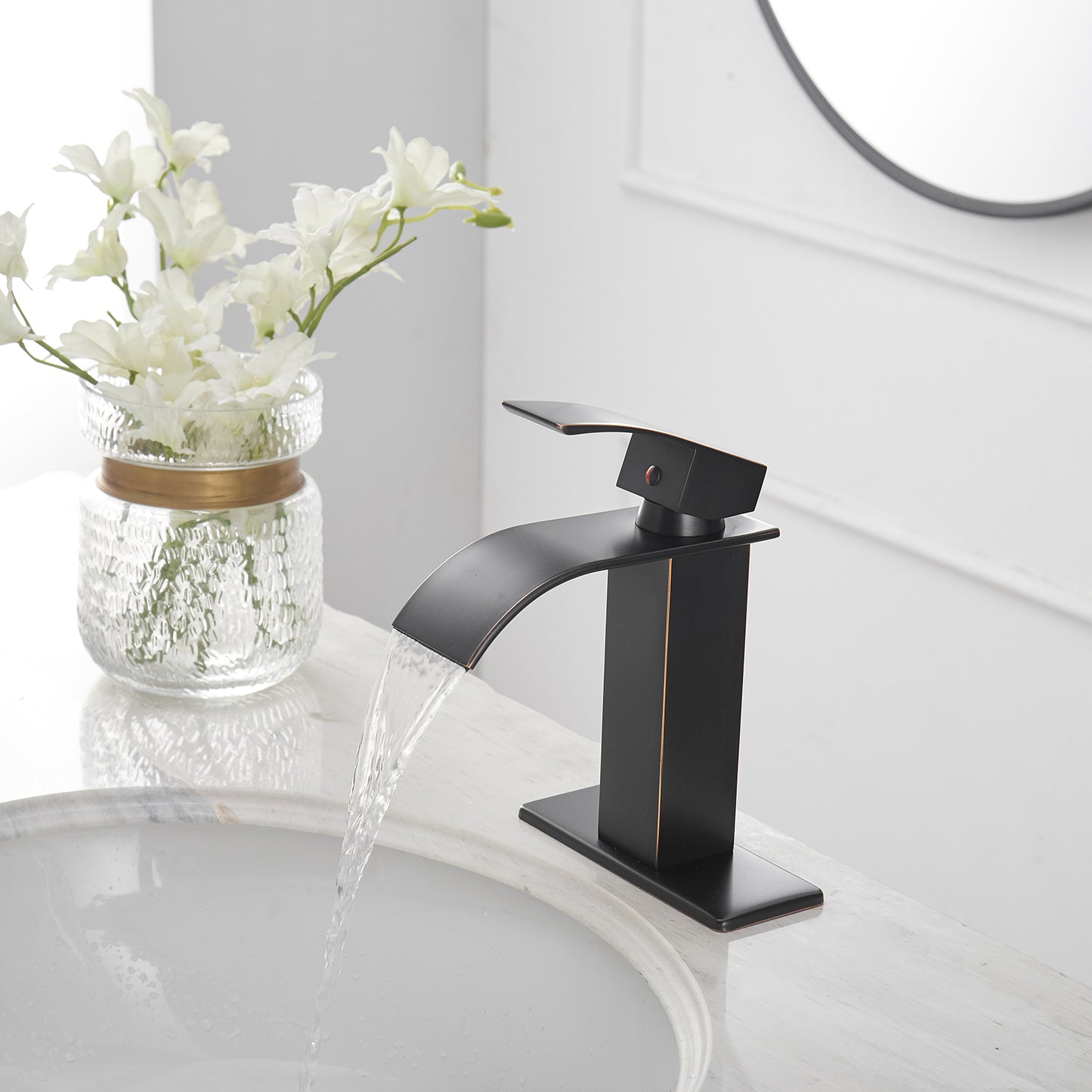 Bronze Waterfall Bathroom Faucet with Single Handle and Pop-up Drain