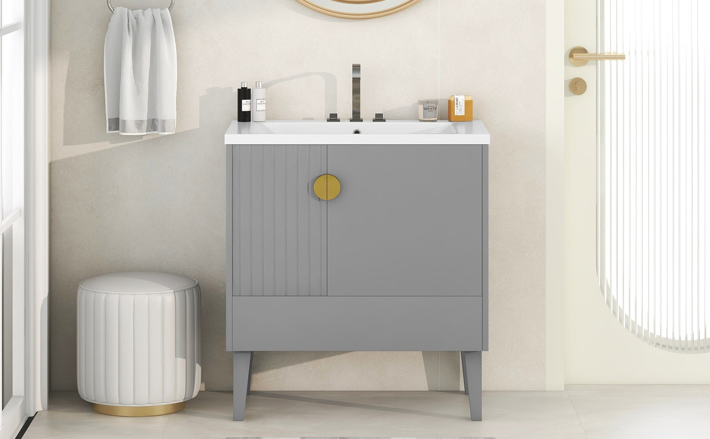 30" Bathroom Vanity with Sink Combo, Bathroom Cabinet with Door and Drawers, Solid Frame and MDF Board, Grey