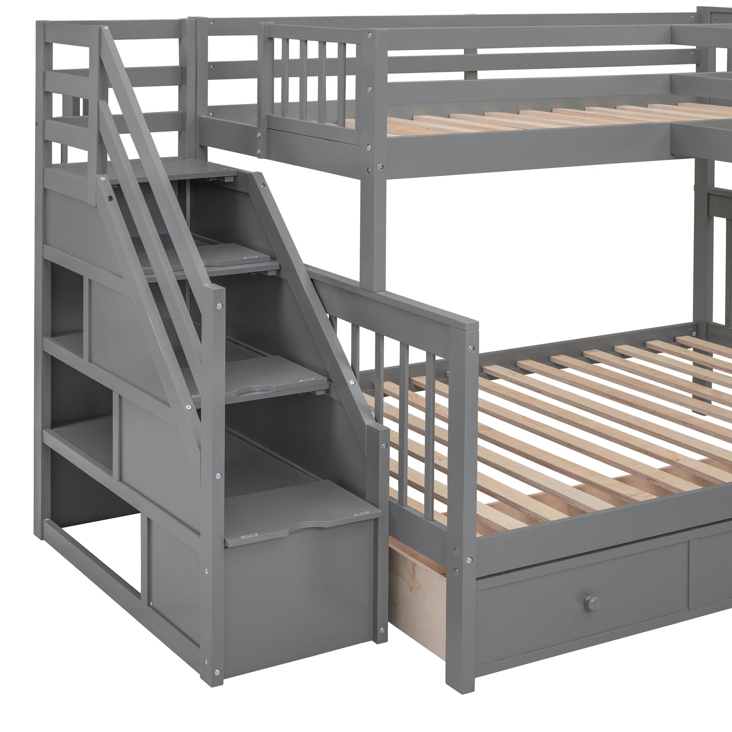 Gray Triple Bed with Integrated Desk, Wardrobe, and Drawers