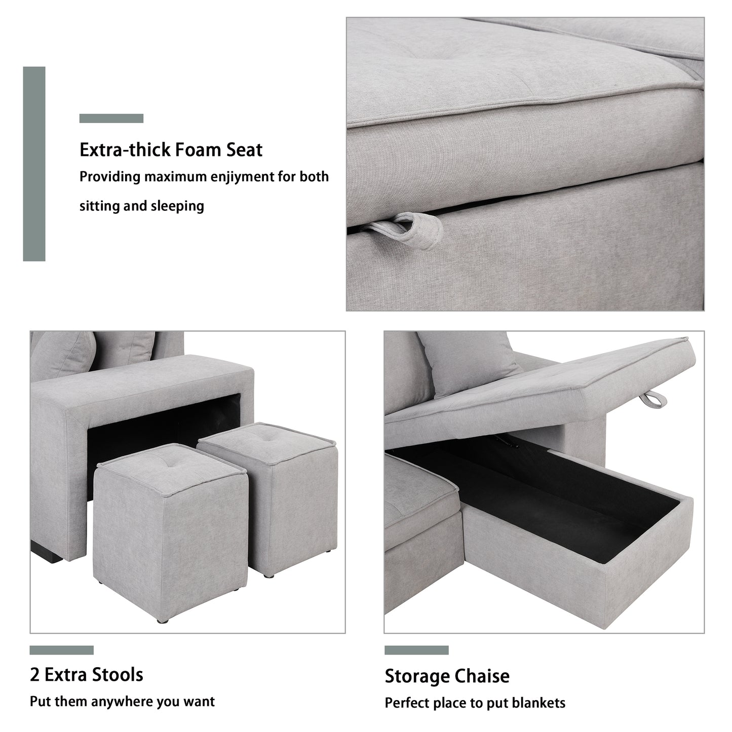 Gray L-Shape Sleeper Sectional Sofa with Storage Chaise and 2 Stools