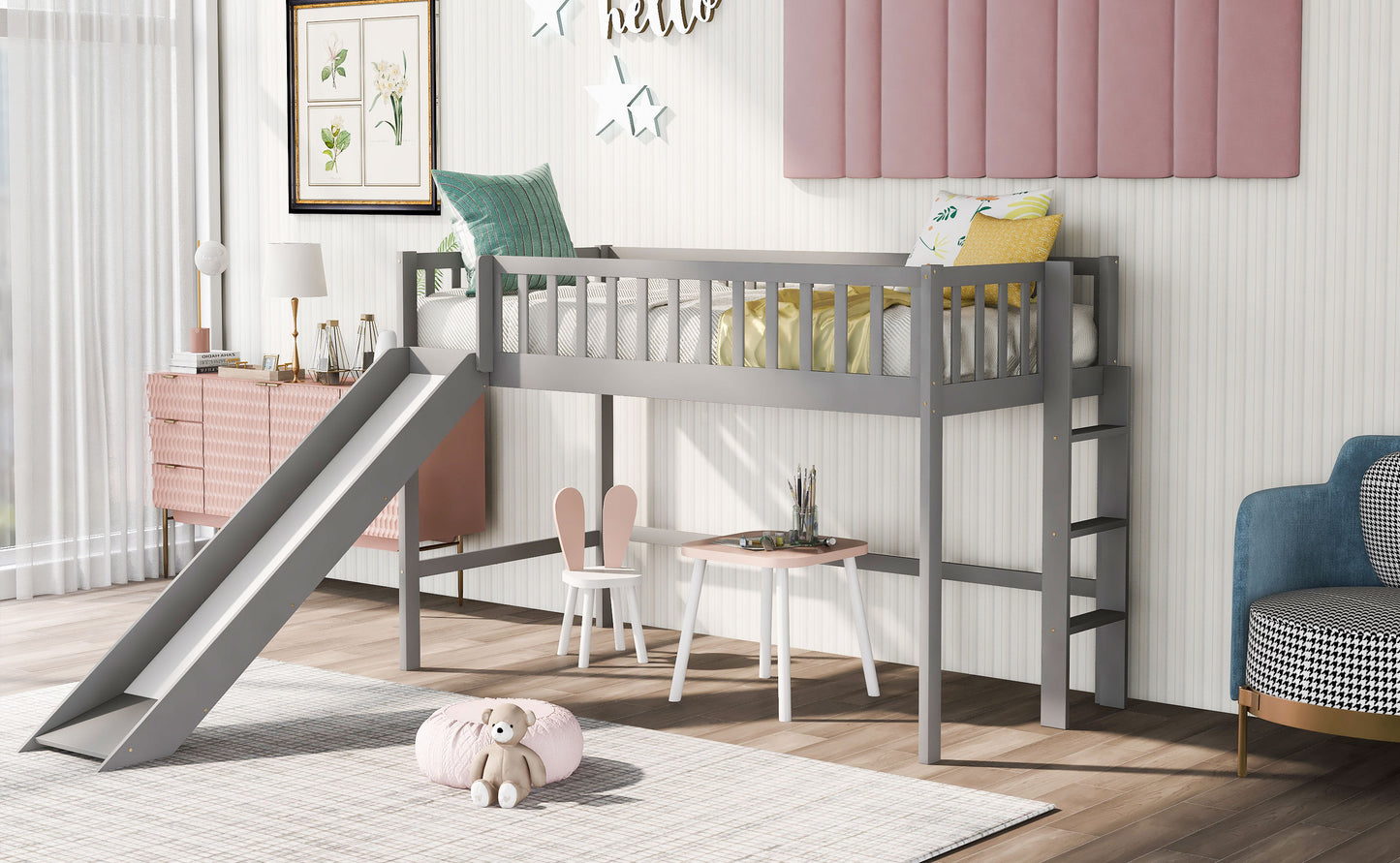 Twin Size Low Loft Bed with Ladder and Slide, Gray(OLD SKU:WF196418AAE)