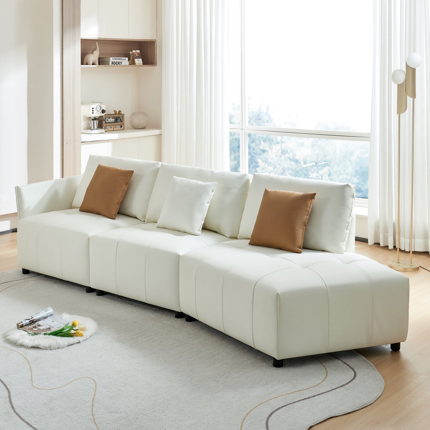 Modern Beige Leather Sectional Sofa with Chaise Lounge and Movable Pillows