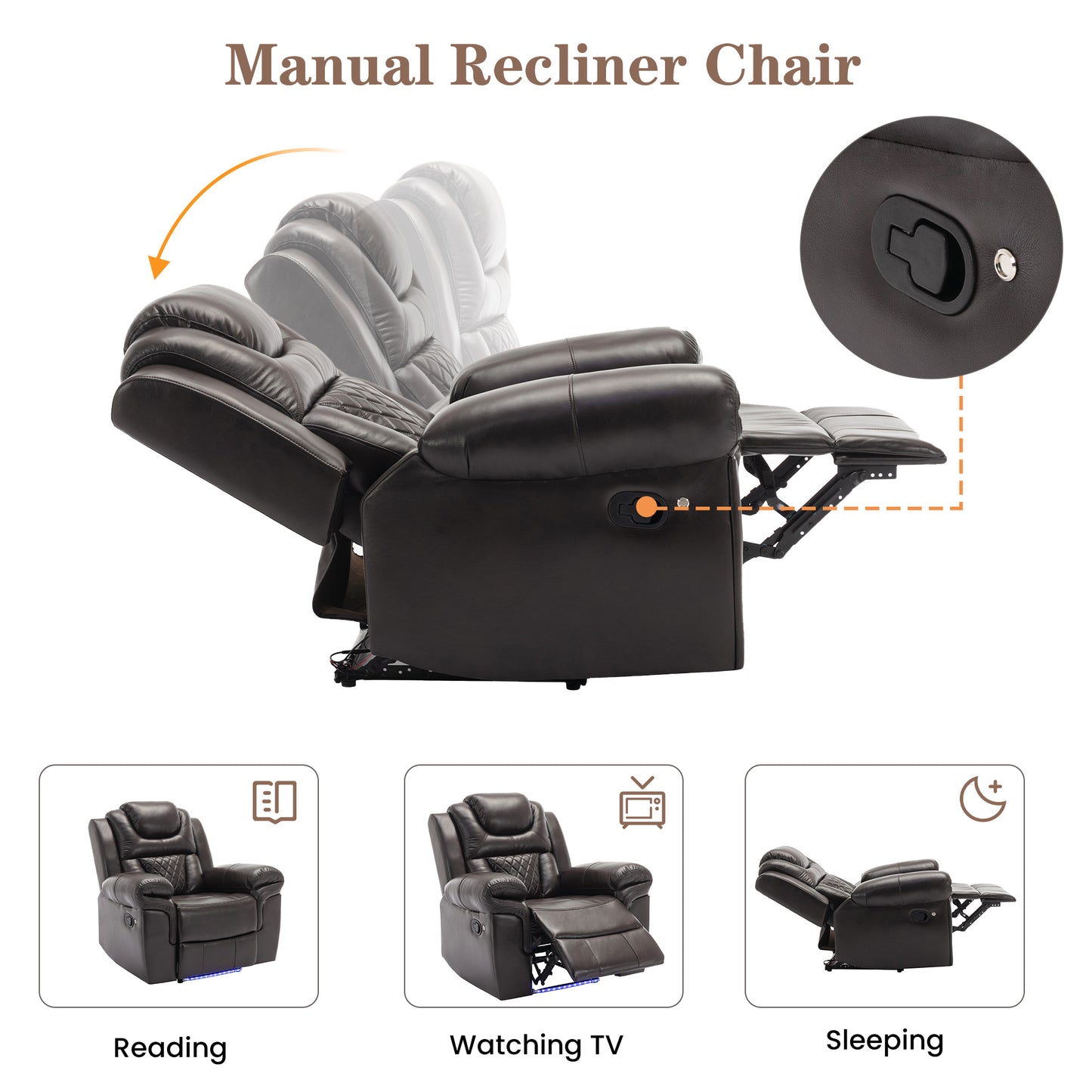 Brown Home Theater Recliner Chair with LED Lights and Manual Recline