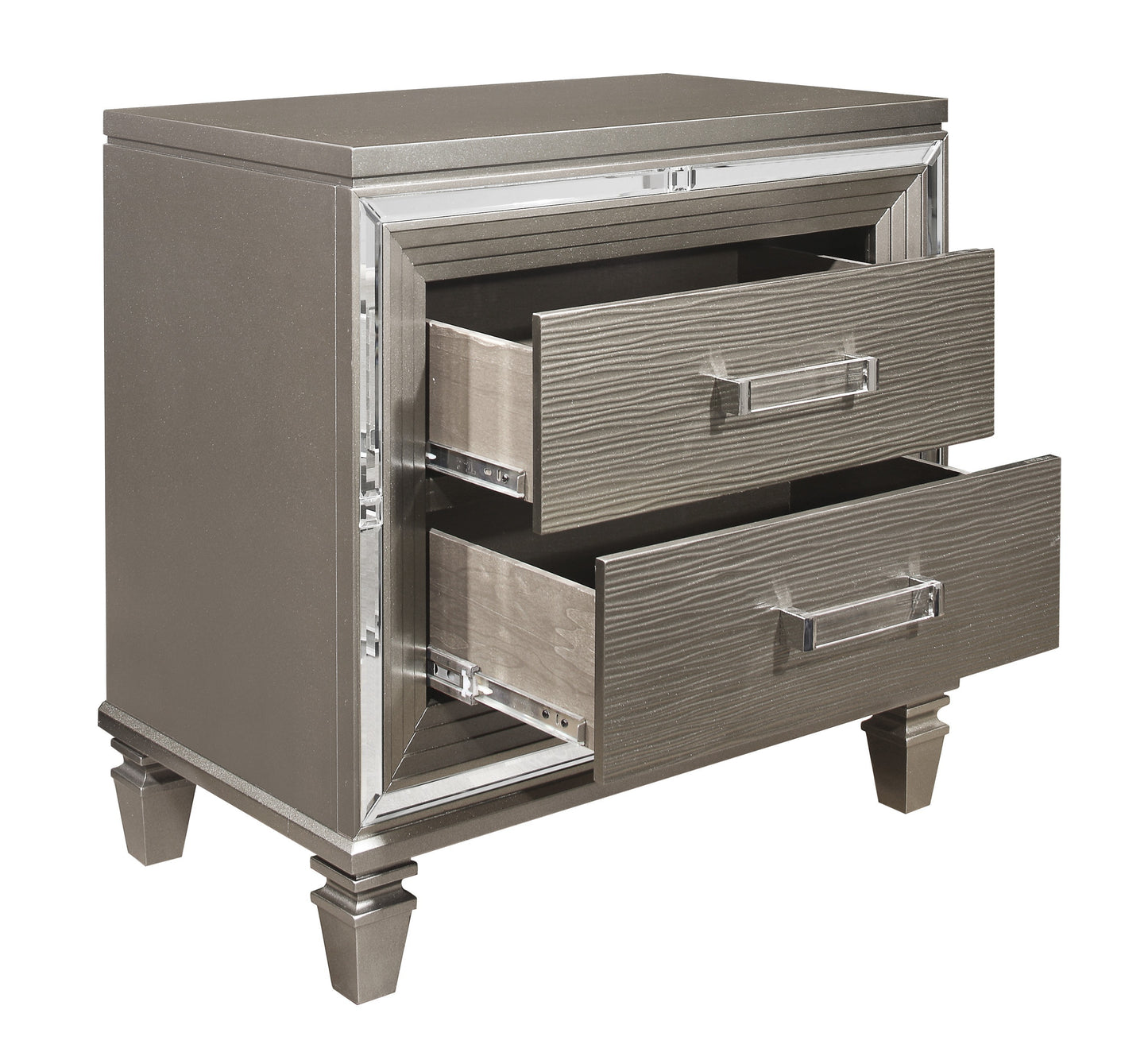 Elegant Style Silver-Gray Metallic Finish Nightstand Beveled Mirror Trim Dovetail Drawers Wooden Furniture