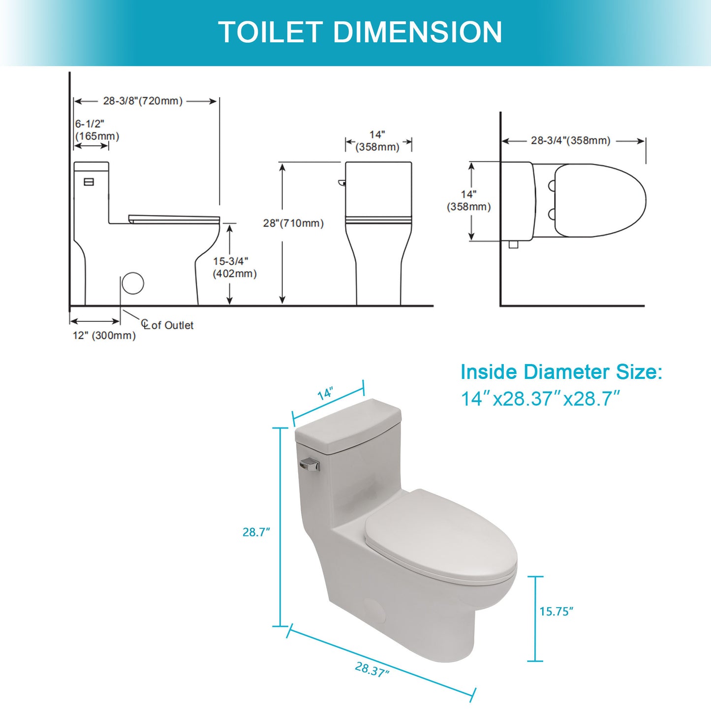 Ceramic One Piece Toilet,Single Flush with Soft Clsoing Seat