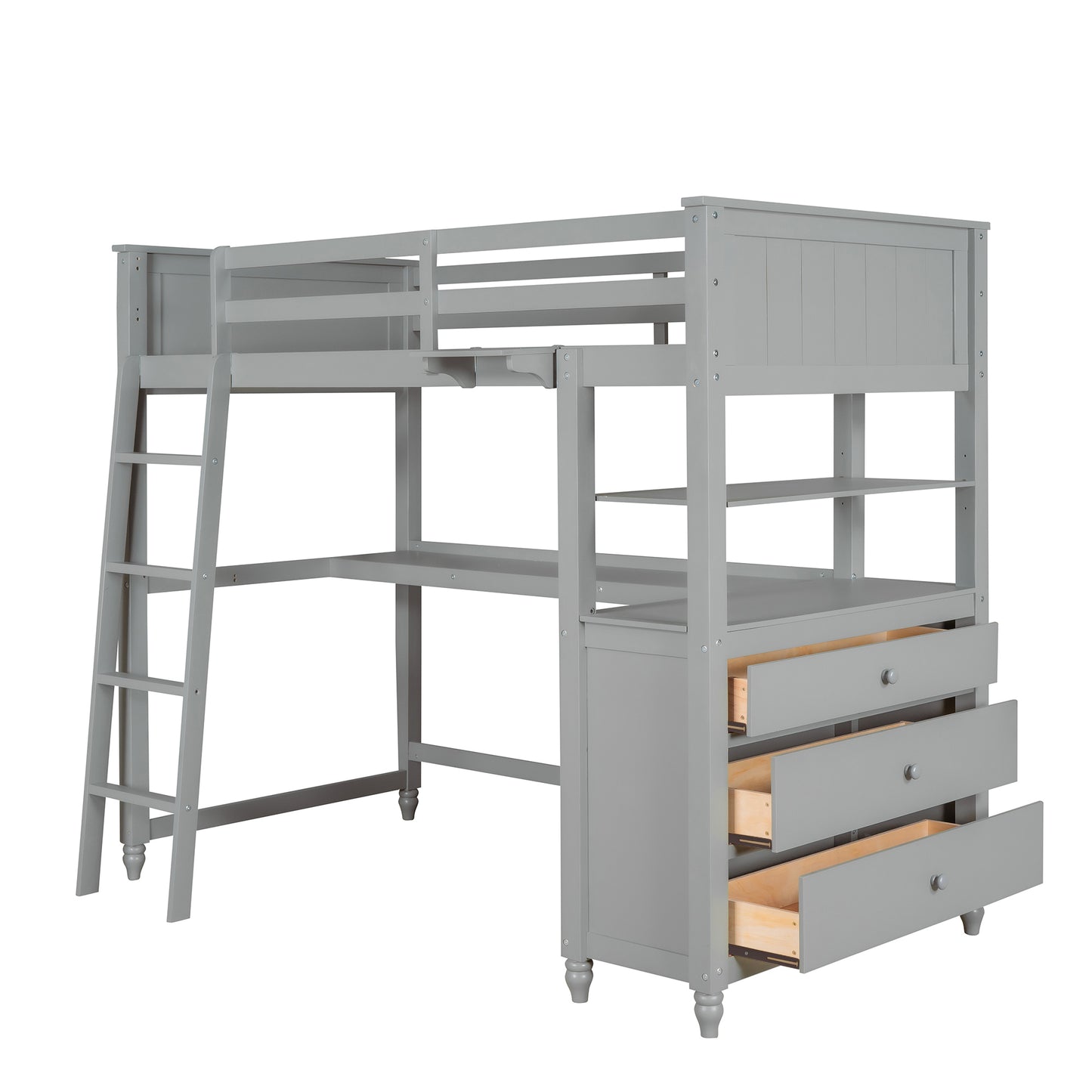 Twin size Loft Bed with Drawers and Desk, Wooden Loft Bed with Shelves - Gray(: LT001530AAE)