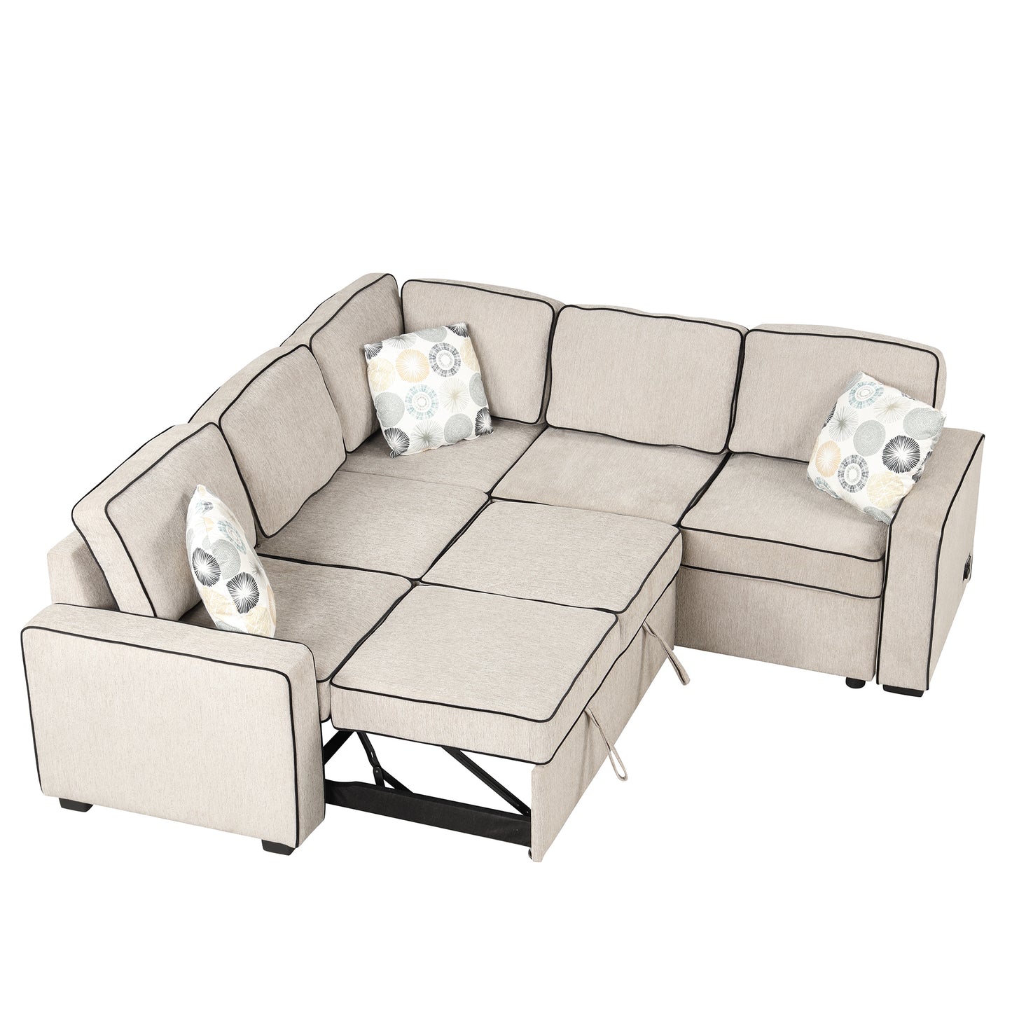 83 Cream Convertible L-Shaped Sleeper Sofa with USB Ports and Power Sockets