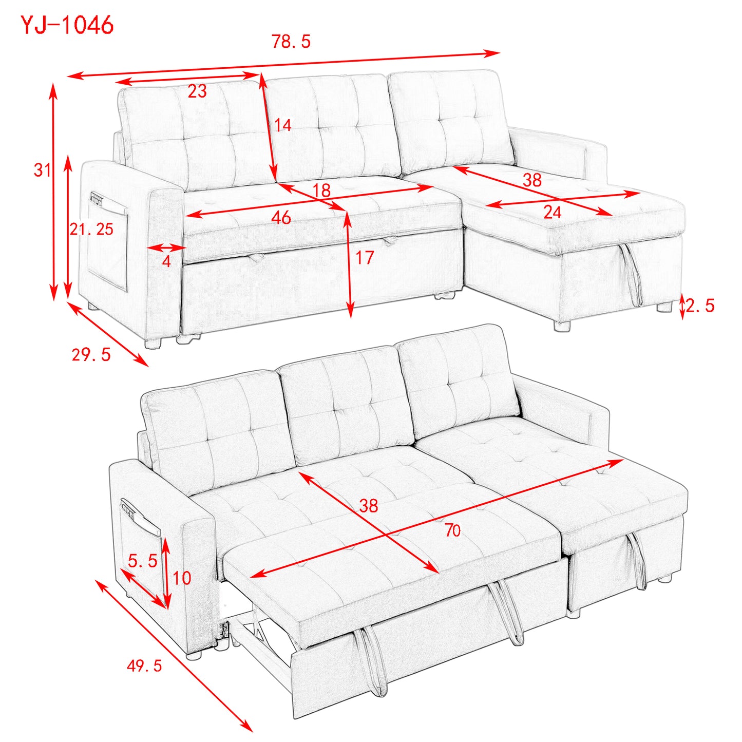 Transformable Sleeper Sectional Sofa with Storage Chaise - Ideal for Small Space Living Room