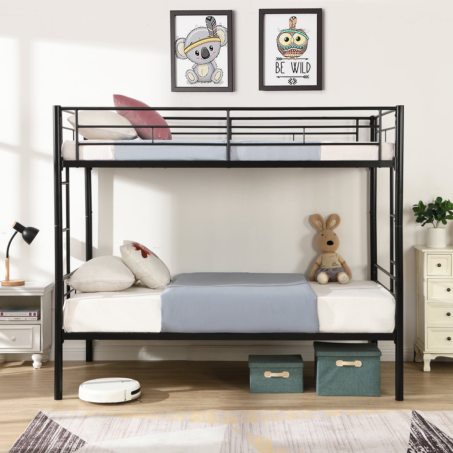 Convertible Twin Over Twin Metal Bunk Bed with 2 Ladders, Guardrail, and Storage Space in Black