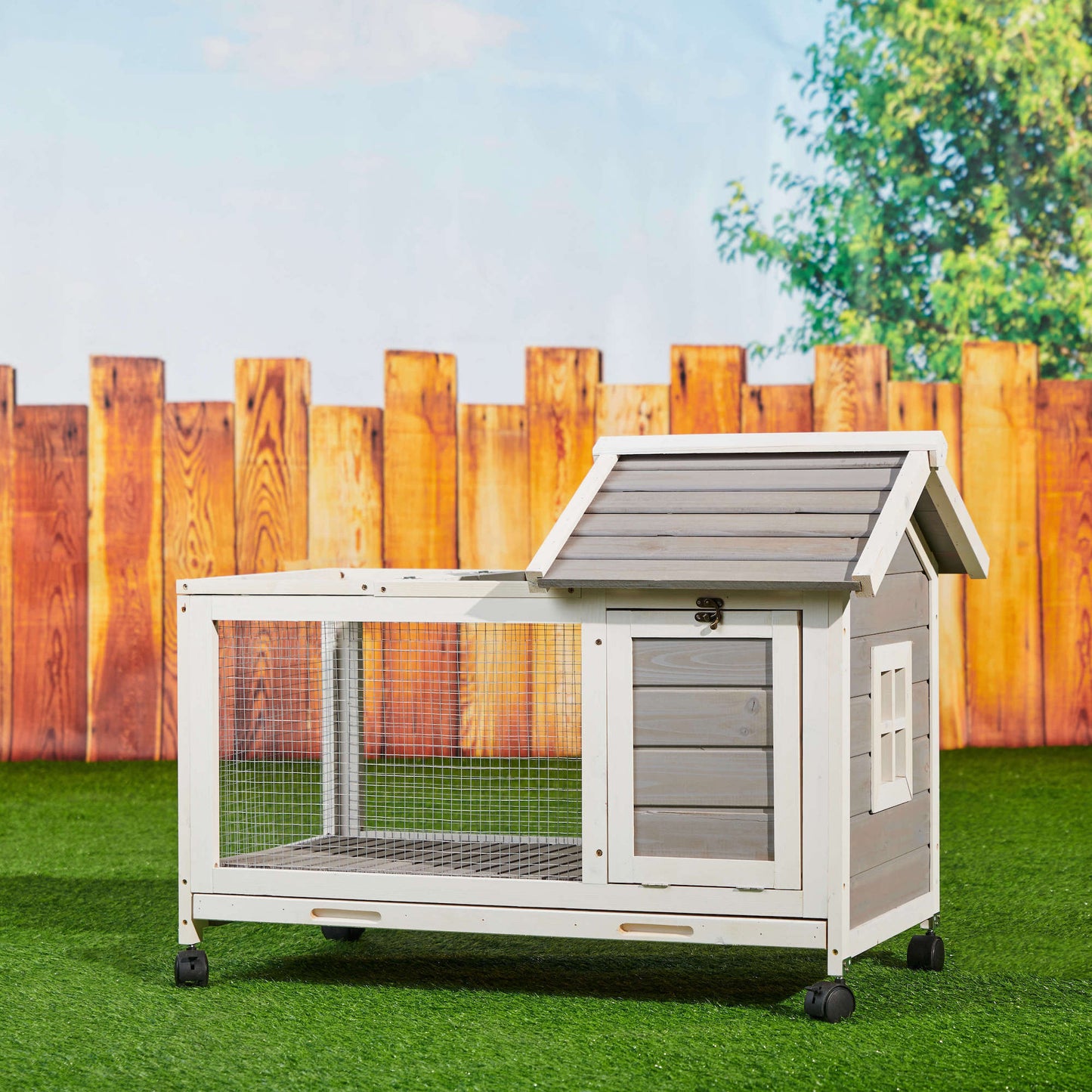 Wooden Rabbit Hutch 40.7" L x 23.4" W x 30" H, Bunny Cage  with 4 Wheels