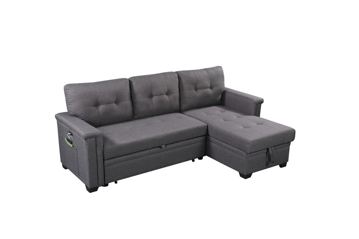 Nathan Charcoal Gray L-Shaped Sleeper Sectional Sofa with Storage Chaise, USB Charging Ports and Pocket