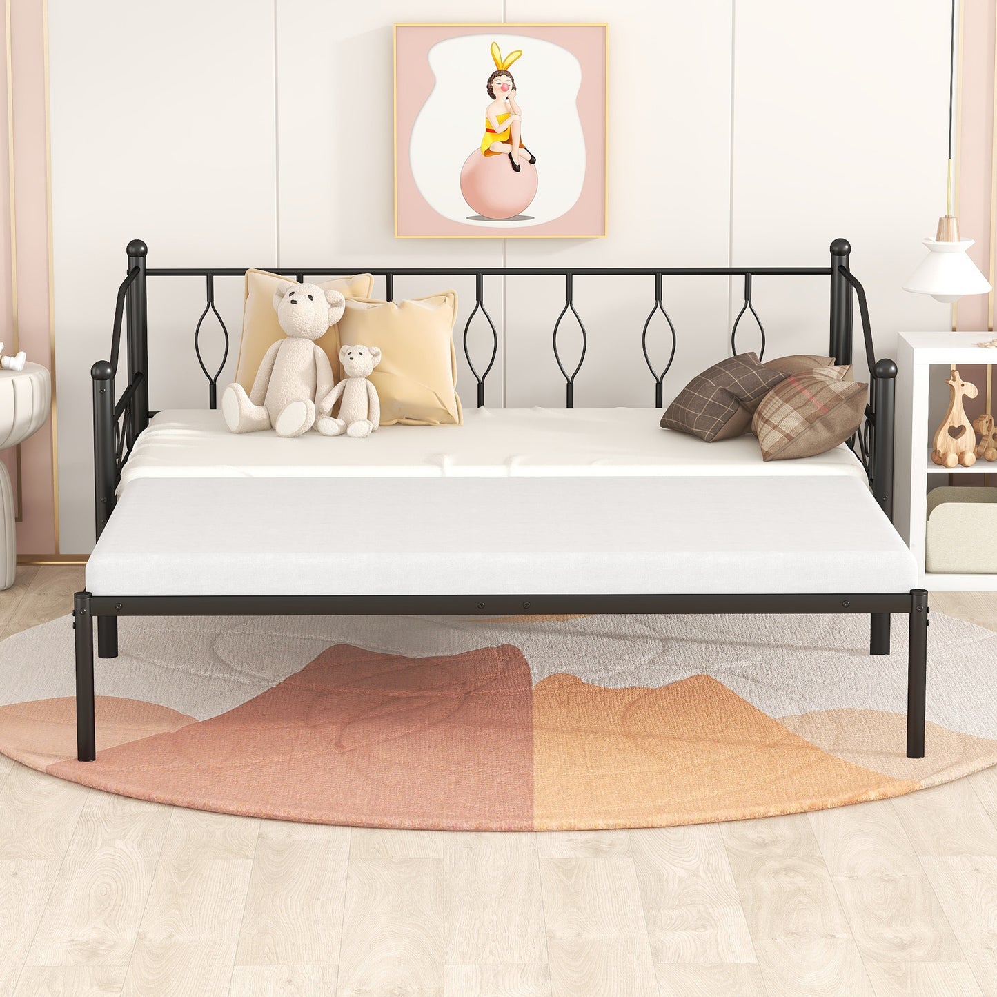 Twin Size Metal Daybed with Trundle, Daybed with Slat No Box required Black