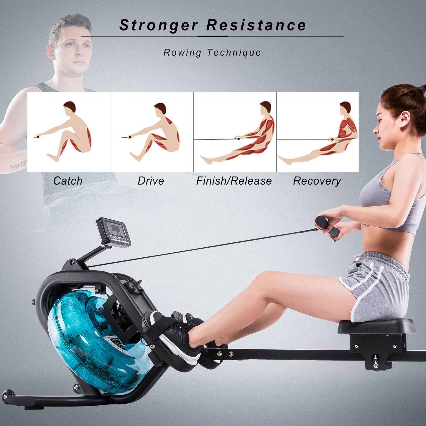 Water Rowing Machine Rower with LCD Monitor, Exercise Workout Water Rower for Home Use