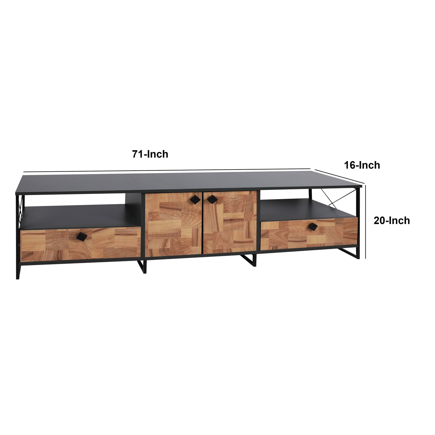 71-Inch Industrial Wooden TV Stand with Metal Frame and Storage Options, Brown and Black