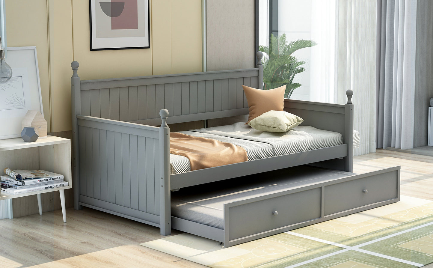 Twin Size Wood Daybed with Twin Size Trundle (Gray)