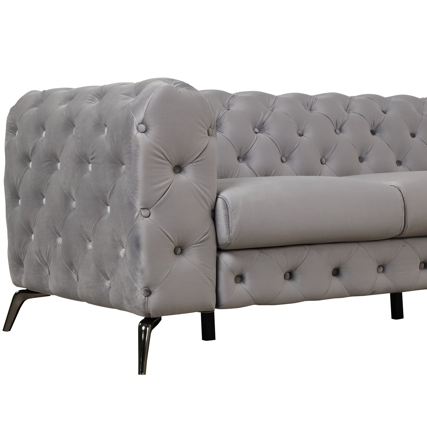 Sleek Gray Velvet Upholstered 3-Seater Sofa with Metal Legs