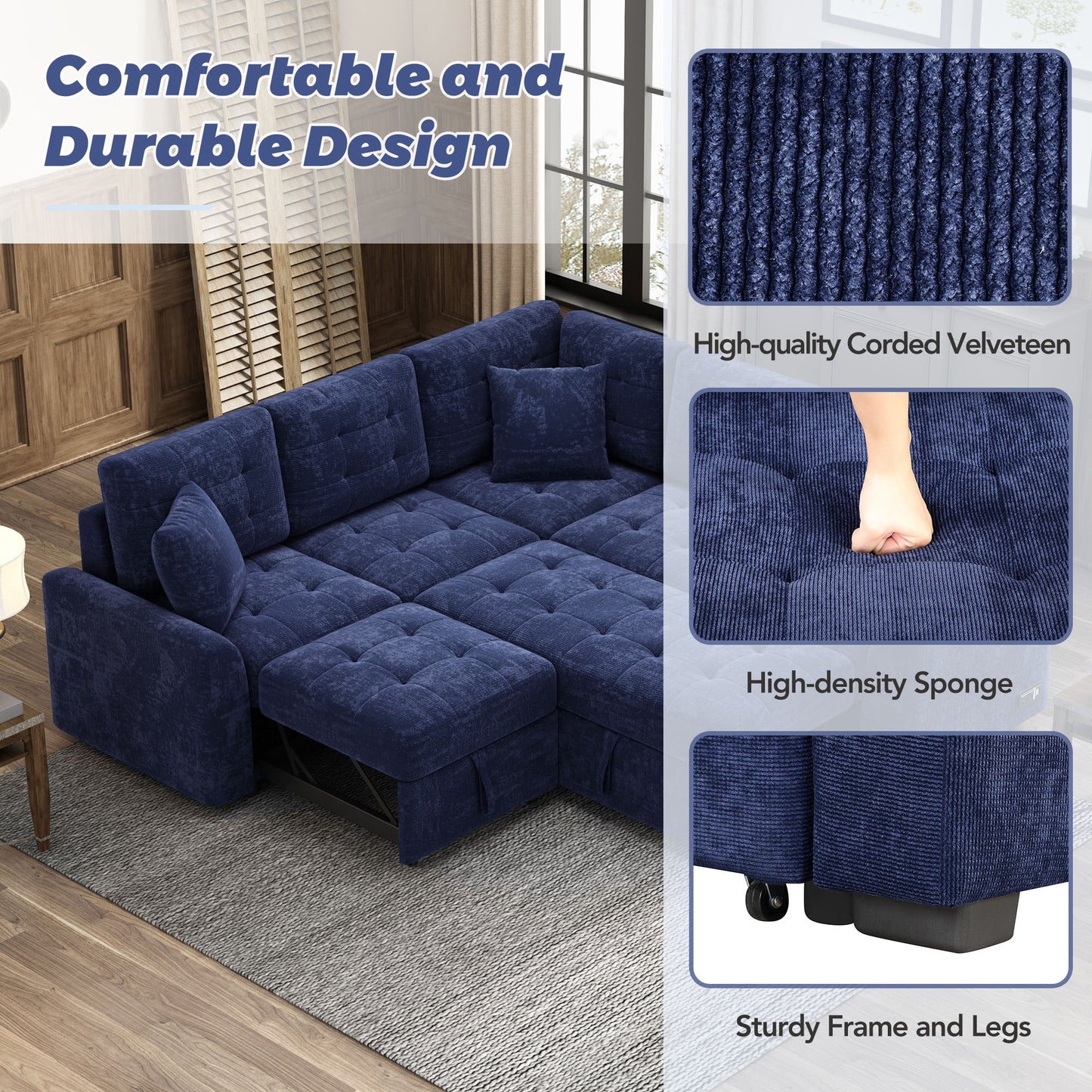 Convertible Navy Blue L-Shape Sleeper Sofa with USB Ports and Power Sockets