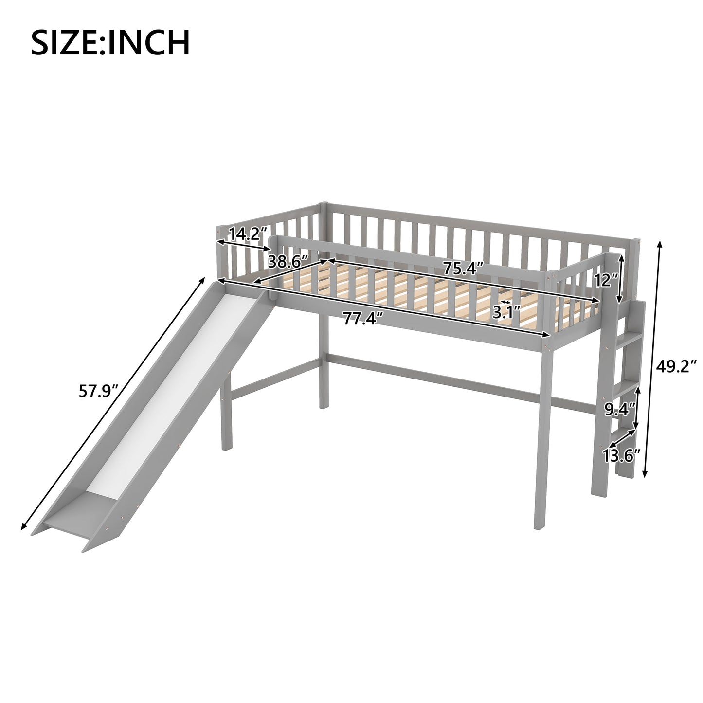 Twin Size Low Loft Bed with Ladder and Slide, Gray(OLD SKU:WF196418AAE)