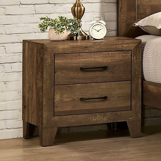 1pc Nightstand Light Walnut Rustic Faux Wood Veneer Wide Black Drawer Pulls Wood Grain Finish