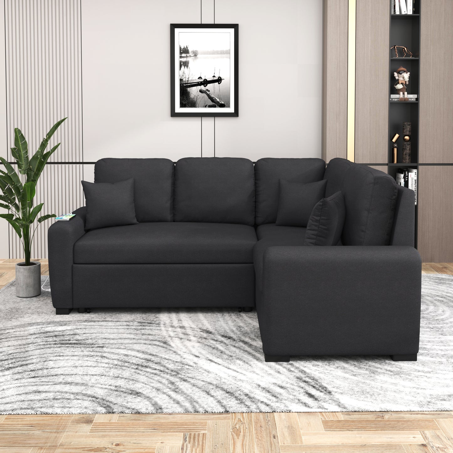 Sleeper Sectional Sofa with USB Charging Port and Plug Outlet, Pull-Out Bed with 3 Pillows, L-Shape Chaise for Small Living Spaces, Black