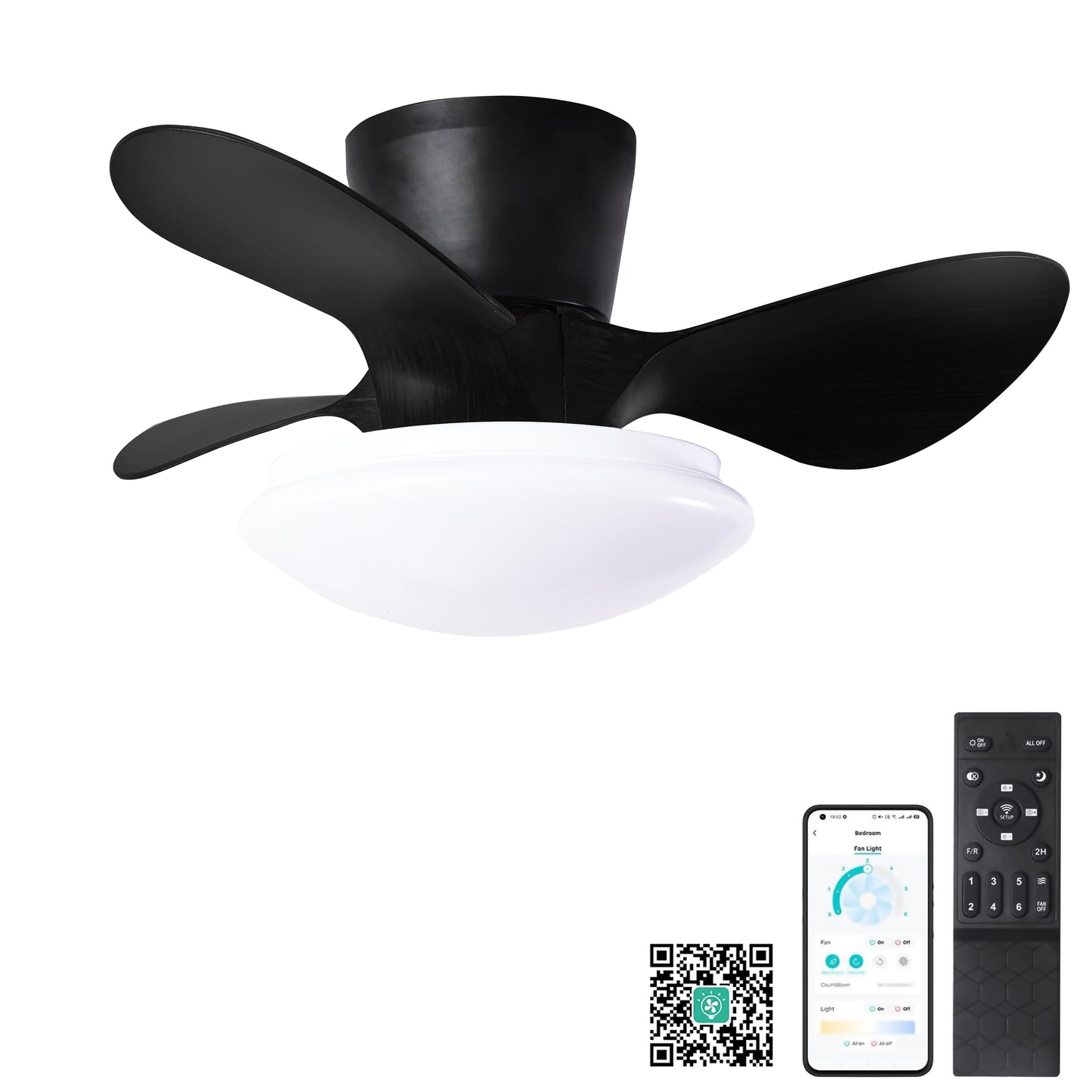 24 Sleek Ceiling Fan with Dimmable LED Light and Remote Control, Energy Efficient Indoor Fan, Modern Black Finish