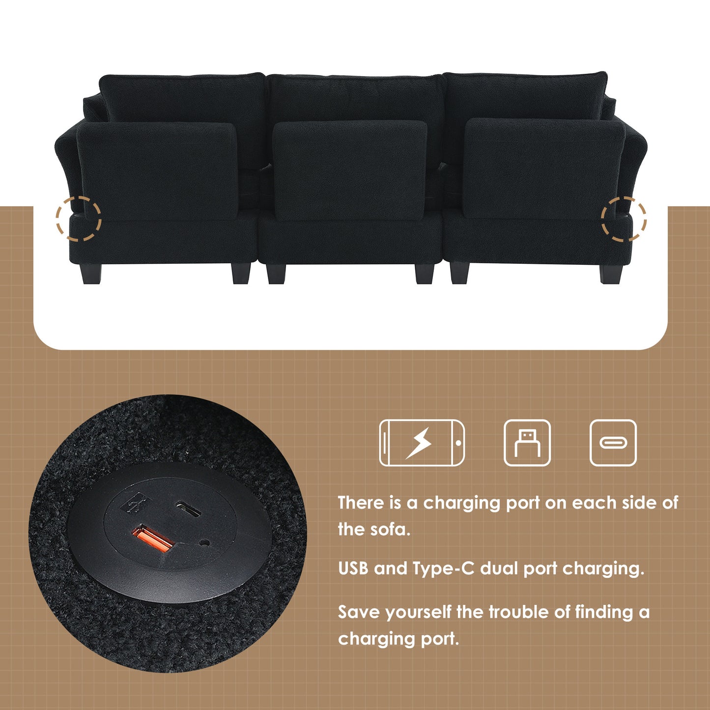 Modern Teddy Velvet Sectional Sofa with Charging Ports and Storage Ottoman - 4 Seat L-shaped Couch