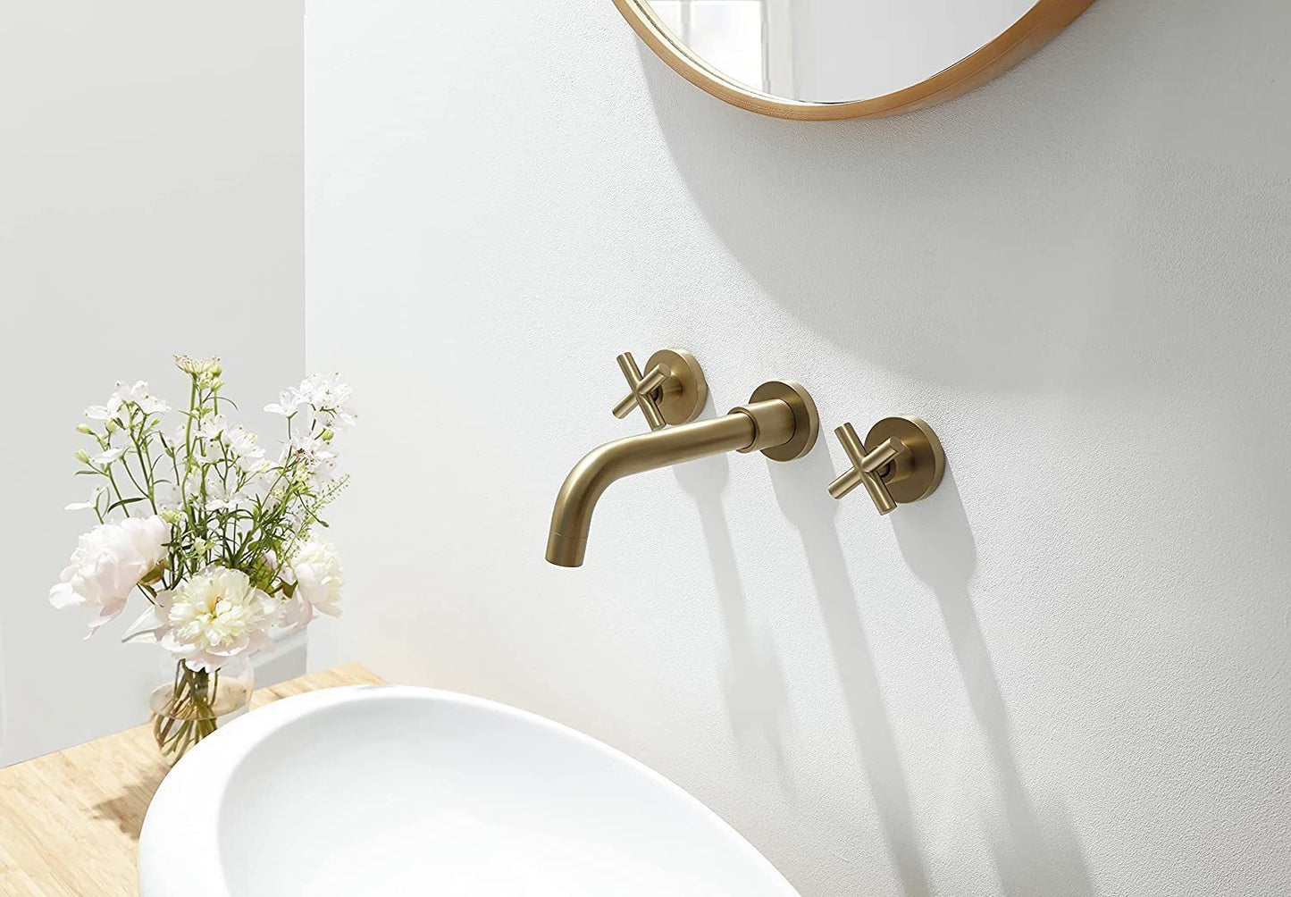 Golden Brushed Wall Mount Bathroom Faucet with Double Handles