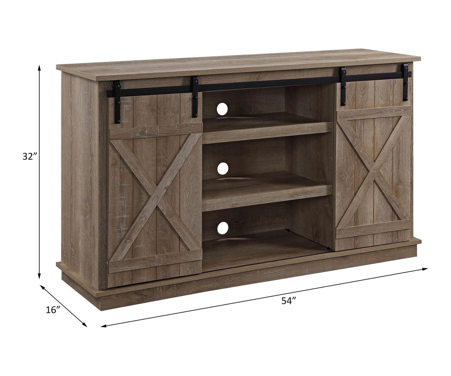 Bellona Oak Finish TV Stand with Sliding Barn Doors, Industrial Style