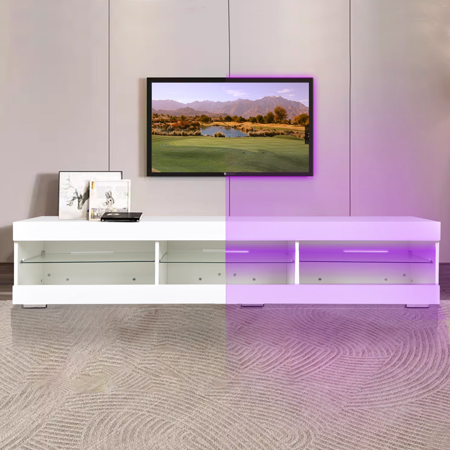 Sleek LED TV Console with Storage and Glass Shelves for Modern Living Rooms